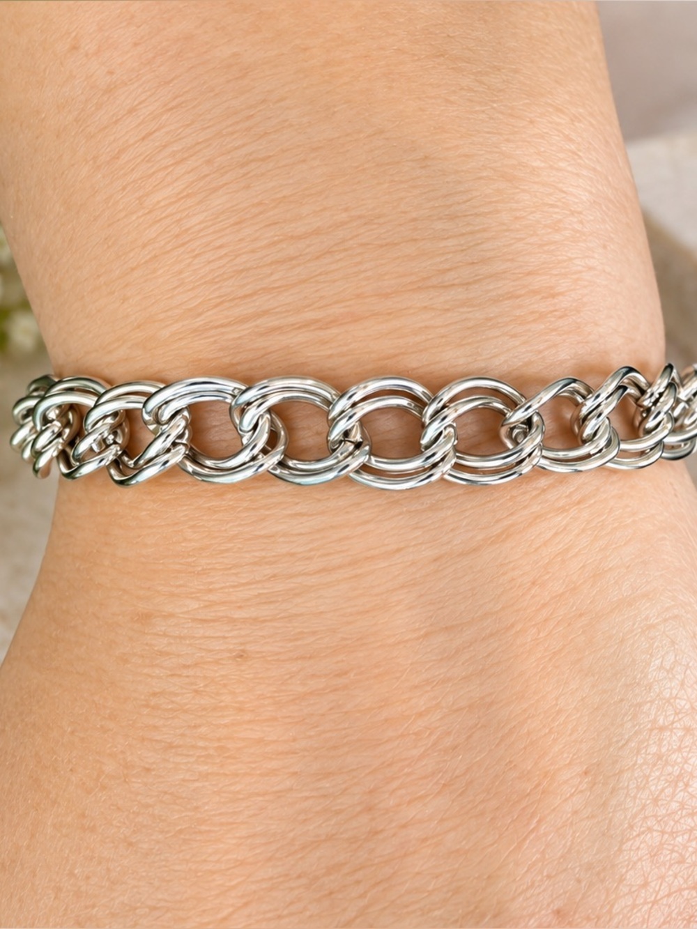 Silver Tone Double Link Chain Bracelet Chunky Classic Lobster Clasp